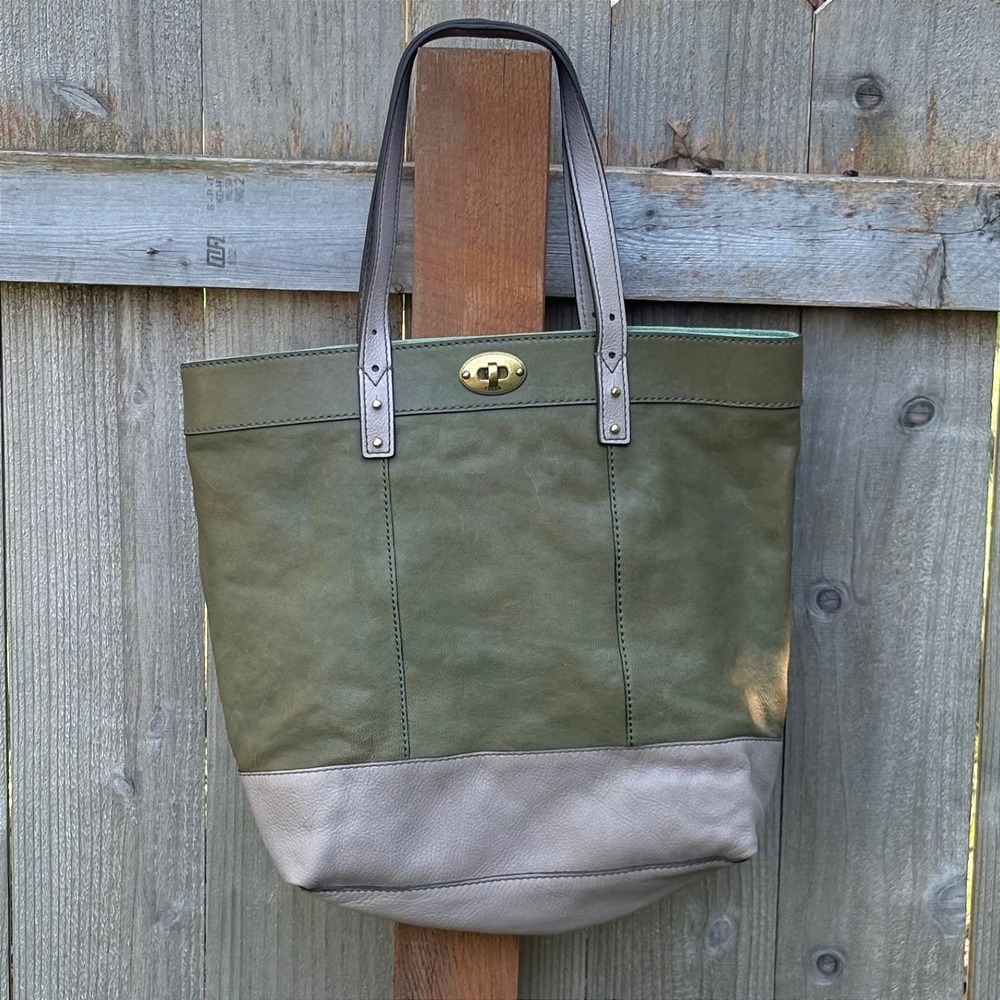 Fossil Olive Green Taupe Leather Turnlock Tote‎ Bag